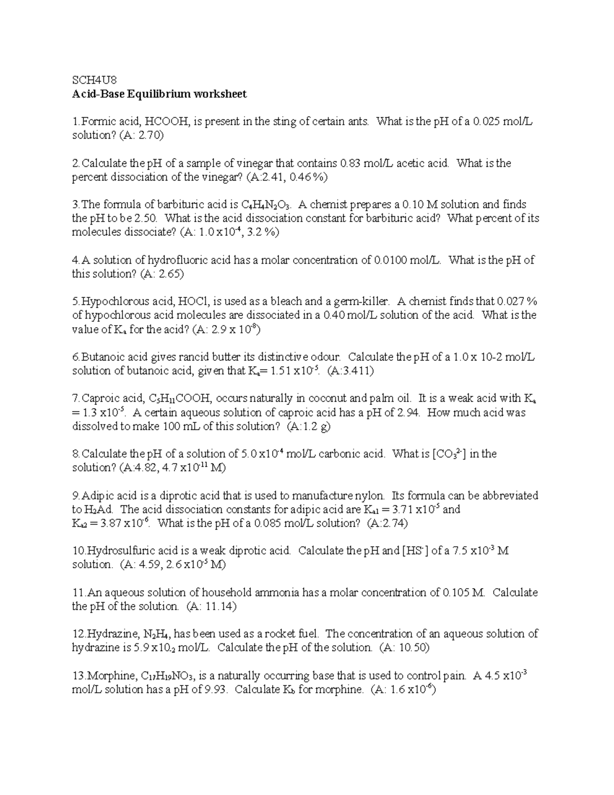 Acid Base Equilibrium worksheet - SCH4U Acid-Base Equilibrium worksheet ...