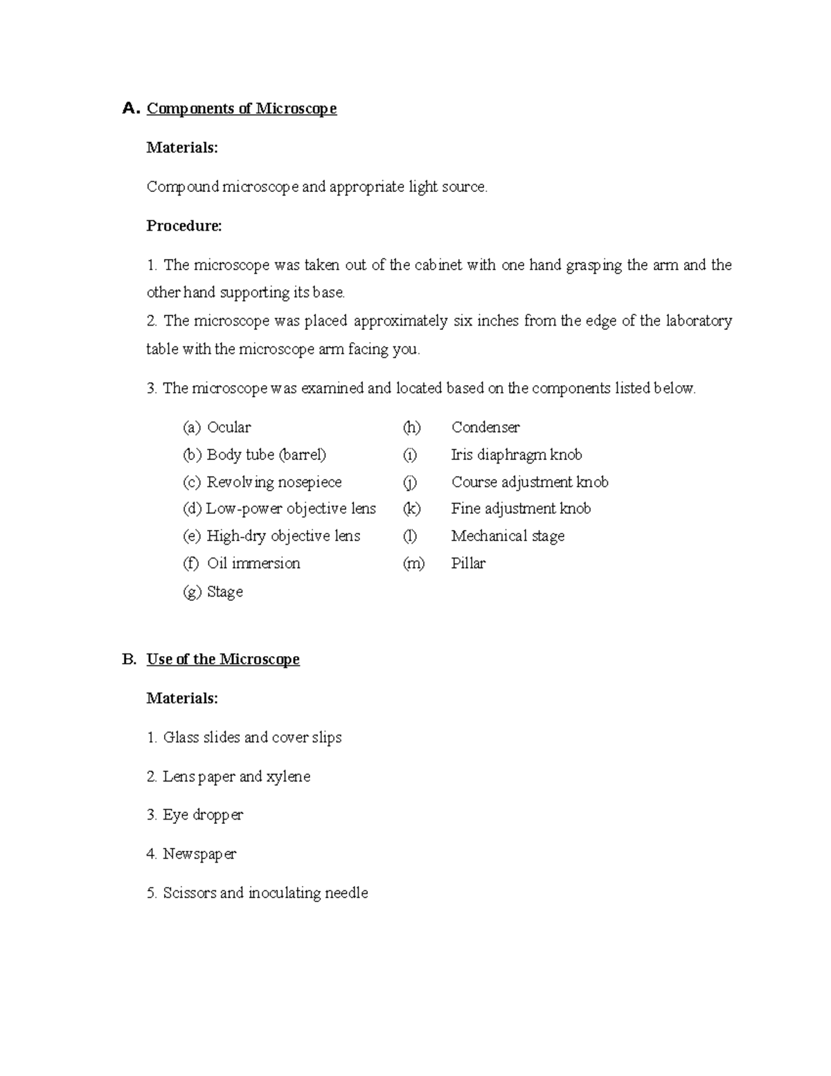 1) Procedure & Conclusion Microscope A. Components of Microscope