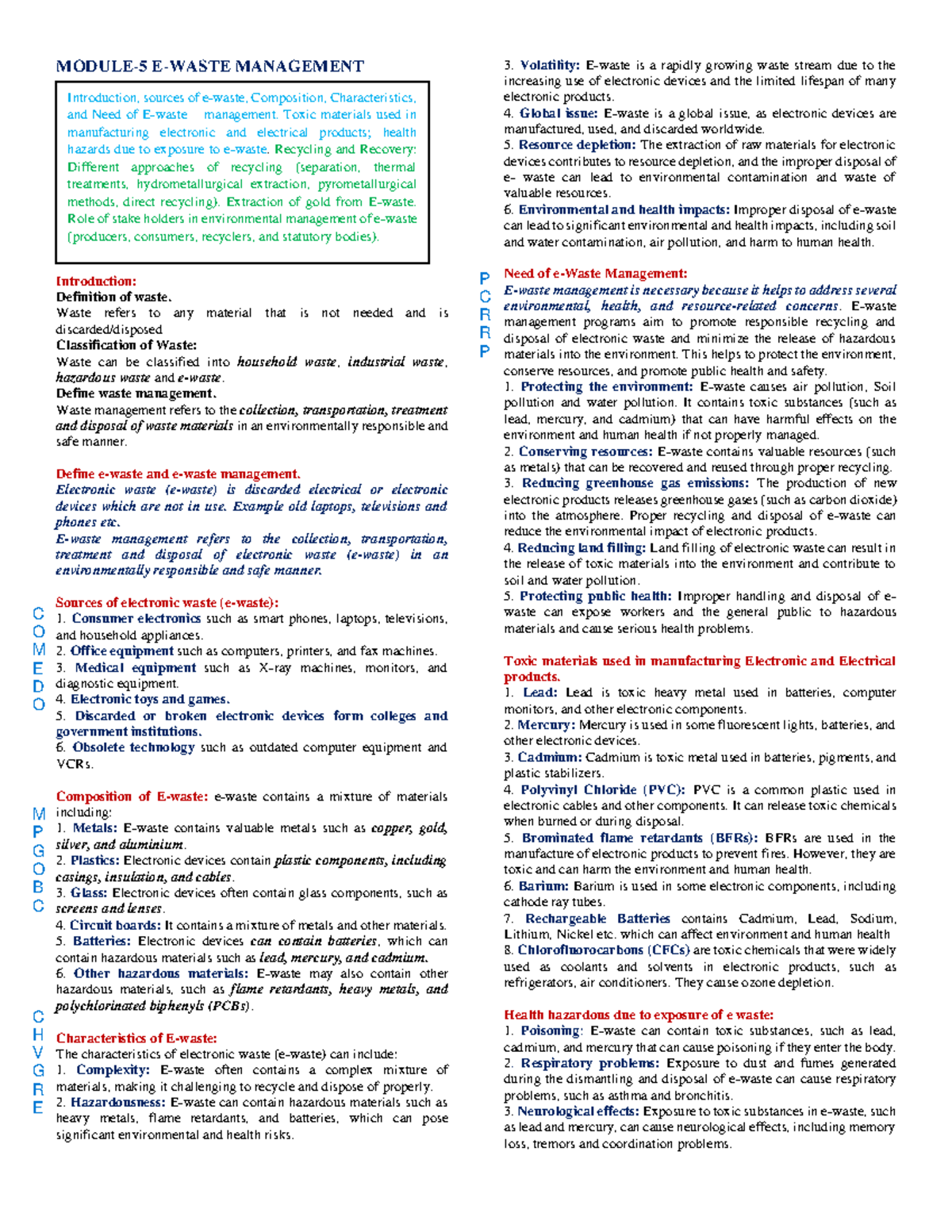 MODULE 5 E-WASTE - Waste refers to any material that is not needed and ...