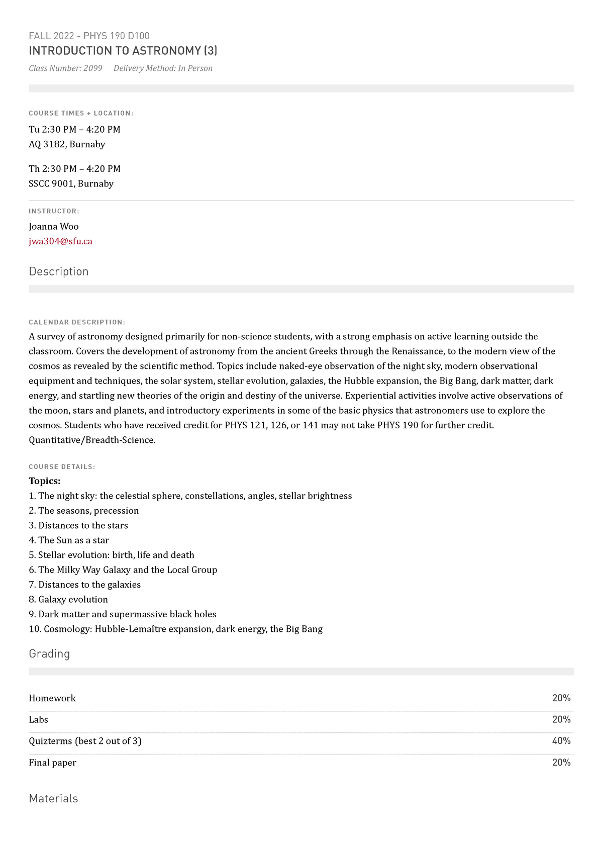 PHYS 190 Introduction to Astronomy SFU Course Outline C O U R S E T