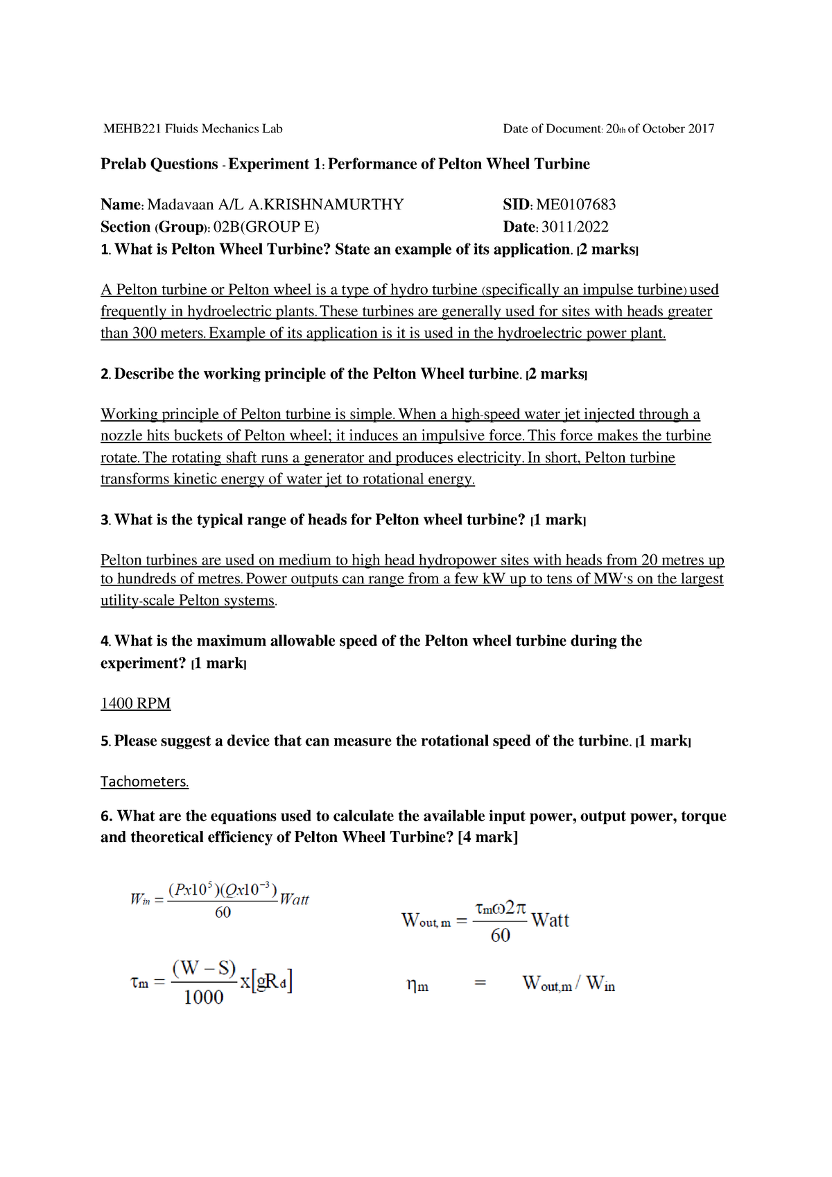 ME0107683(prelab 1) - PRELAB EXP1 - MEHB221 Fluids Mechanics Lab Date ...