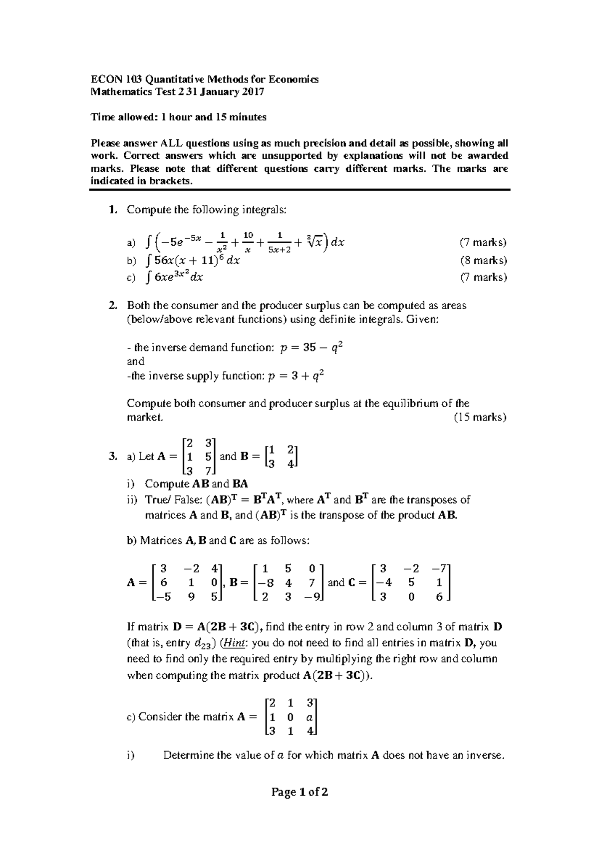 ECON103 Test 2 2017 - questions - ECON 103 Quantitative Methods for ...