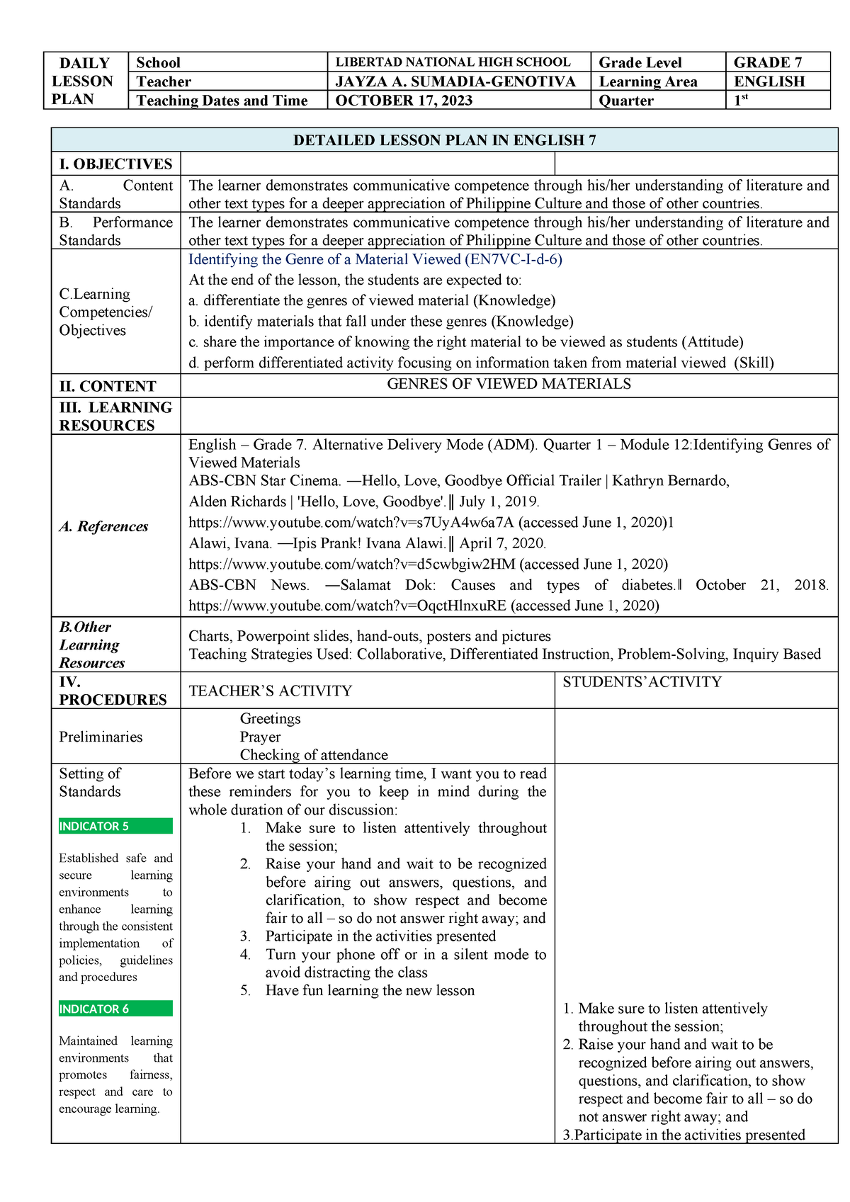 CO LNHS final - class observation - DAILY LESSON PLAN School LIBERTAD ...