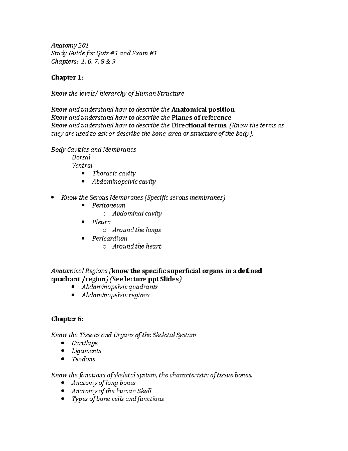 Study Guide for Quiz 1 and Exam 1 - Anatomy 201 Study Guide for Quiz #1 ...