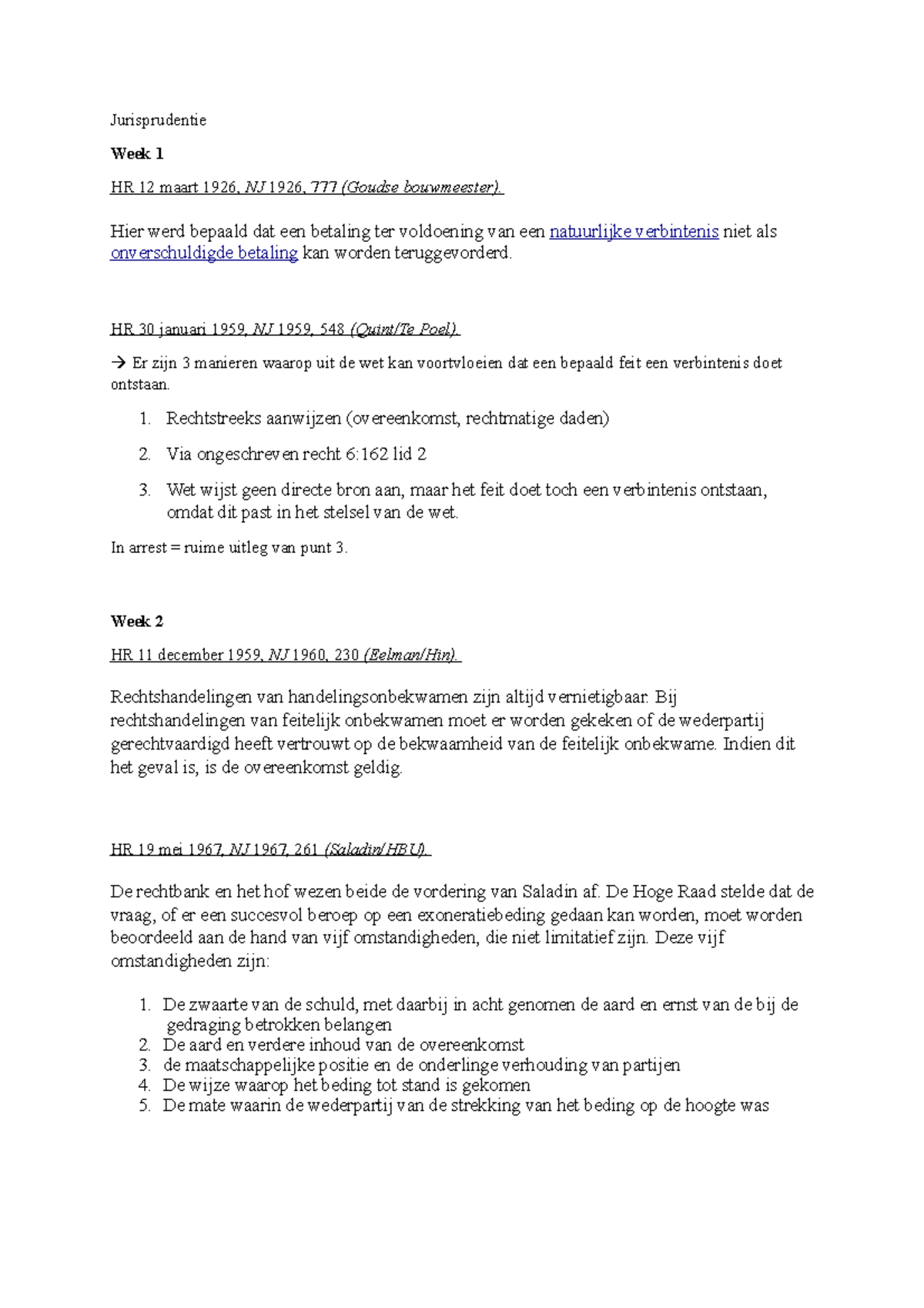 Arresten Week 1-4 - Jurisprudentie Week 1 HR 12 Maart 1926, NJ 1926 ...