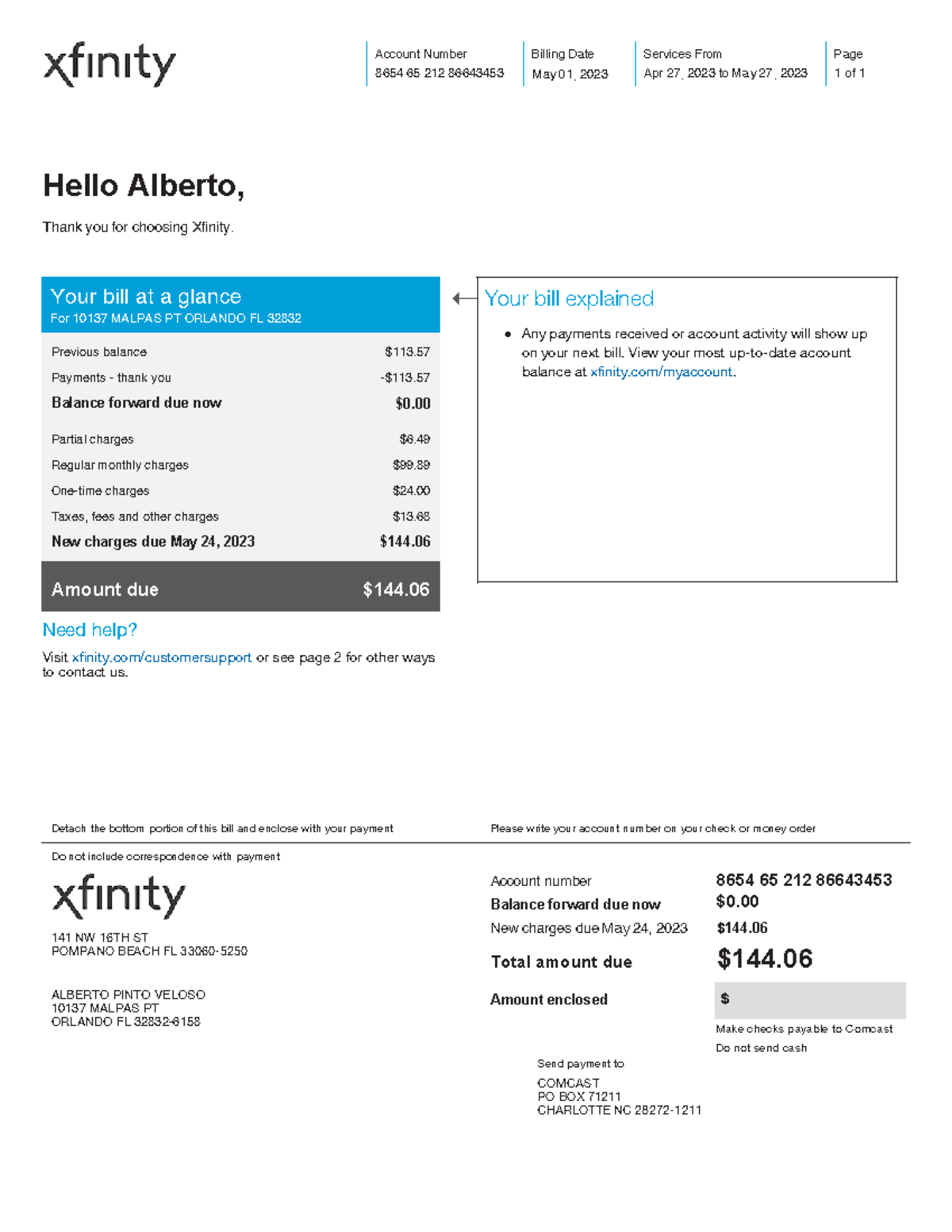 Xfinity - Notes - Account Number 8654 65 212 86643453 Billing Date May ...