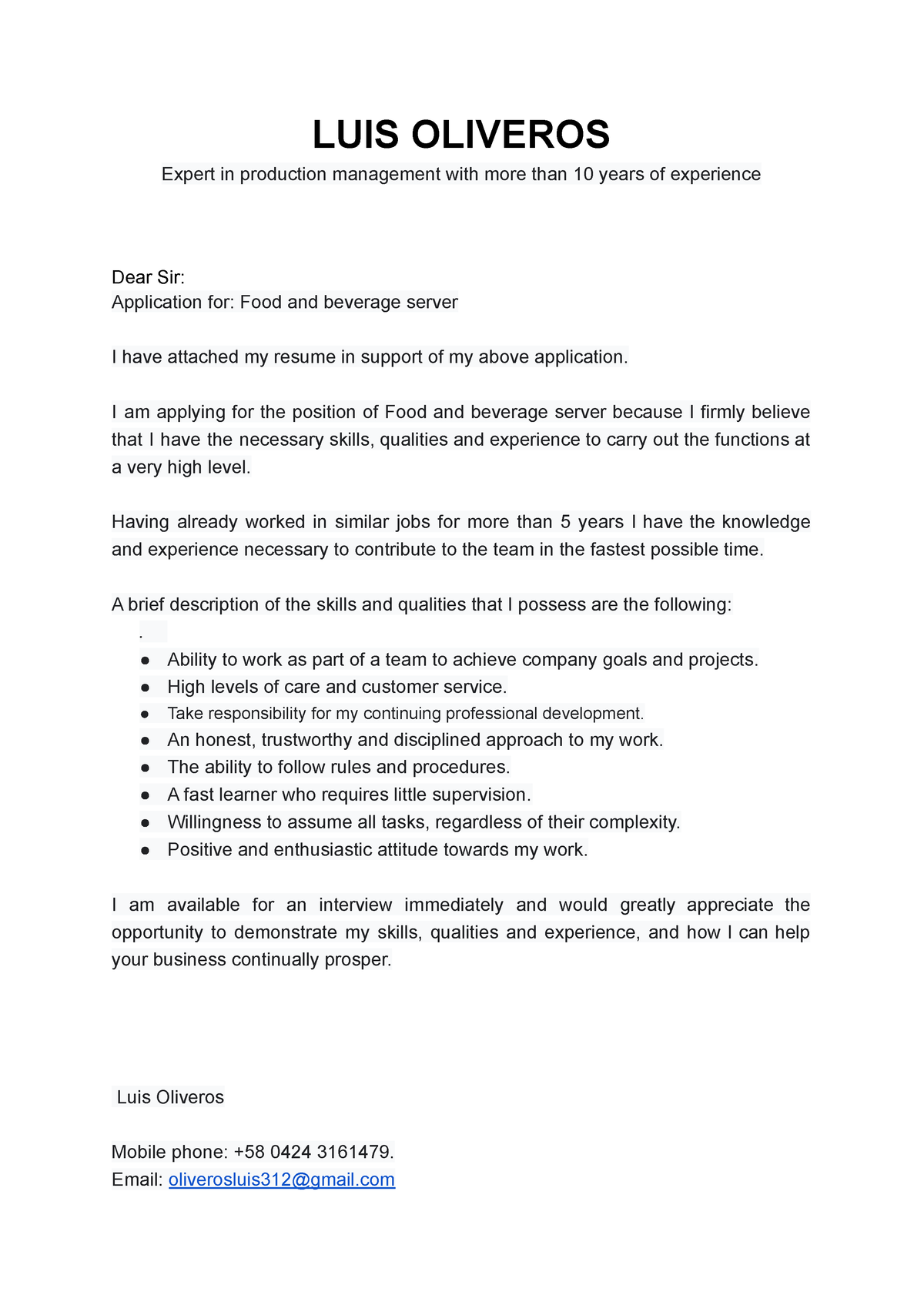 food and beverage server cover letter