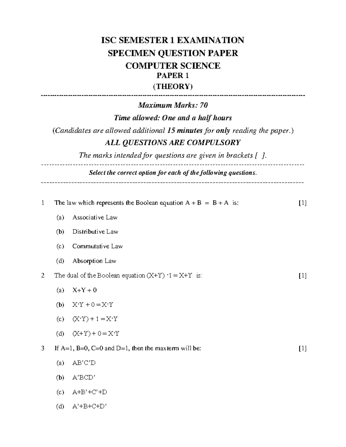 Computer Science - ISC SEMESTER 1 EXAMINATION SPECIMEN QUESTION PAPER ...