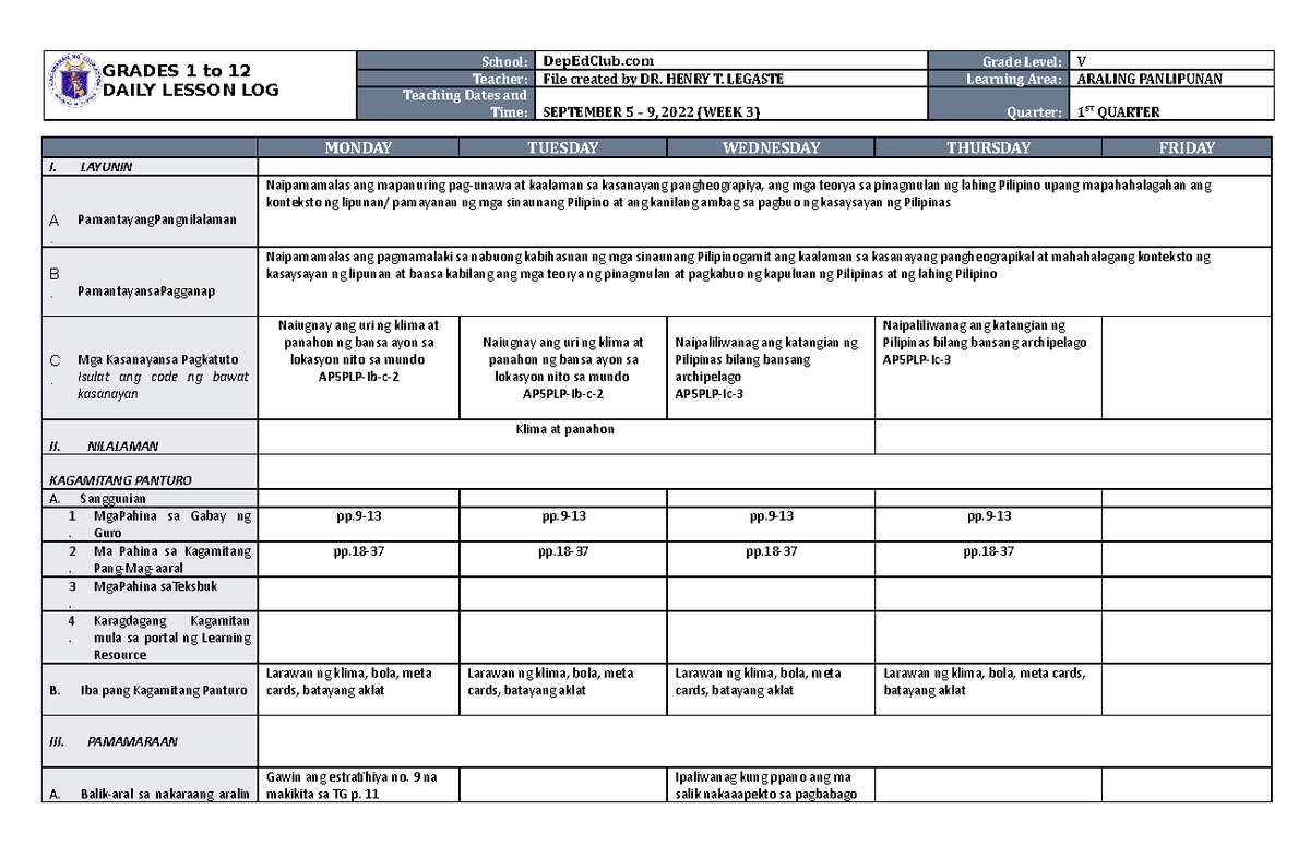 DLL Araling Panlipunan 5 Q1 W3 - GRADES 1 to 12 DAILY LESSON LOG School ...