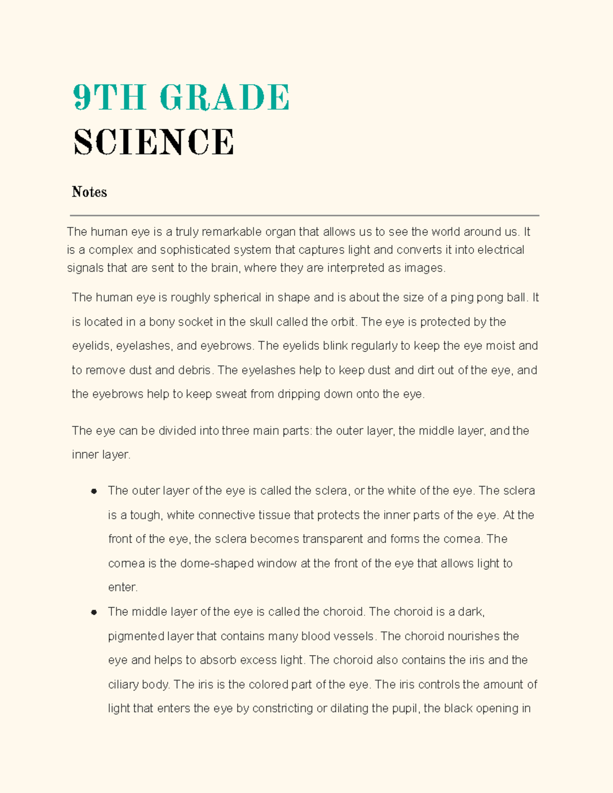 Science Notes (11) - 9TH GRADE SCIENCE Notes The human eye is a truly ...