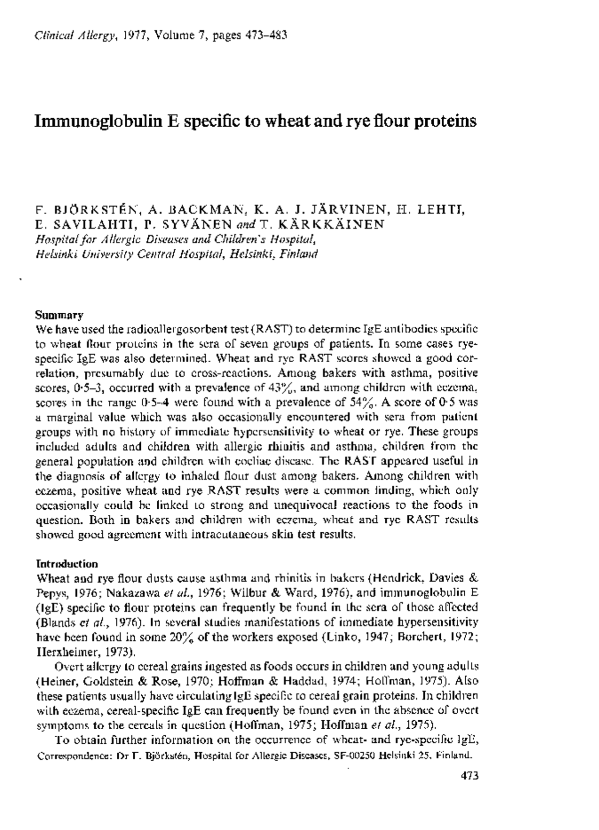 Immunoglobulin E Specific To Wheat And R B J O R K S T E N A B A C K M A N K A J J A R