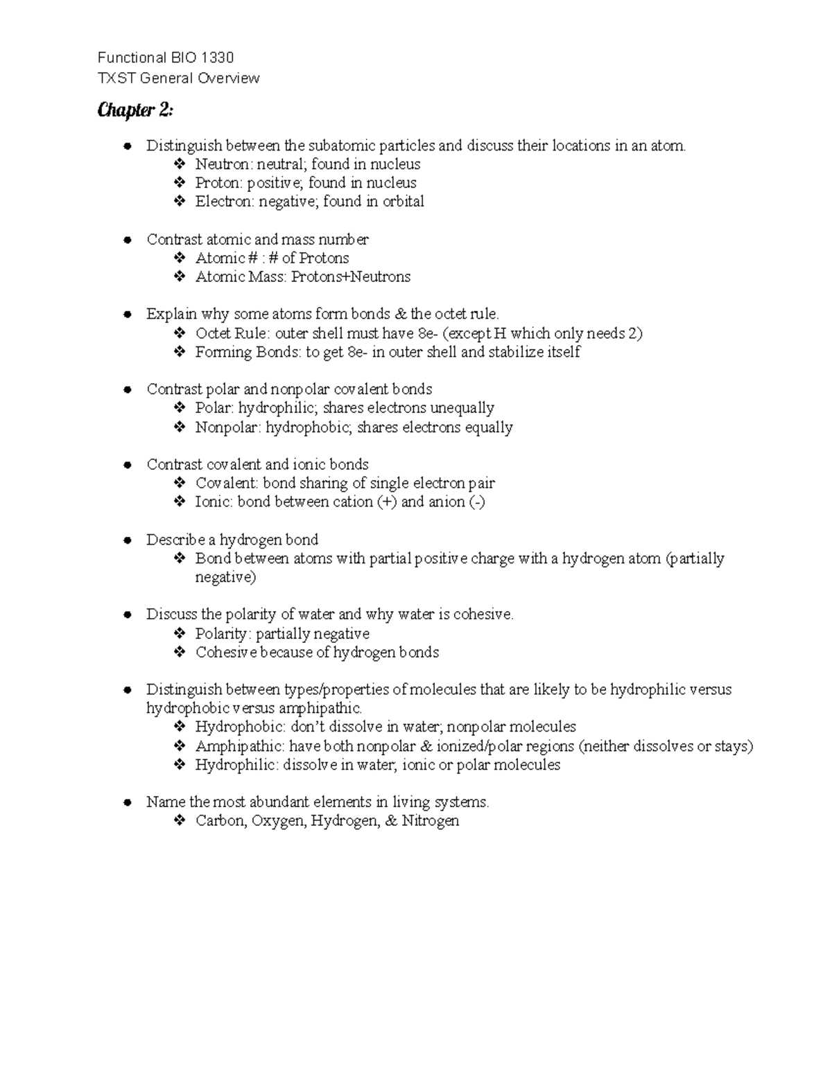 Chapter 2 General Overview - Functional BIO 1330 TXST General Overview ...