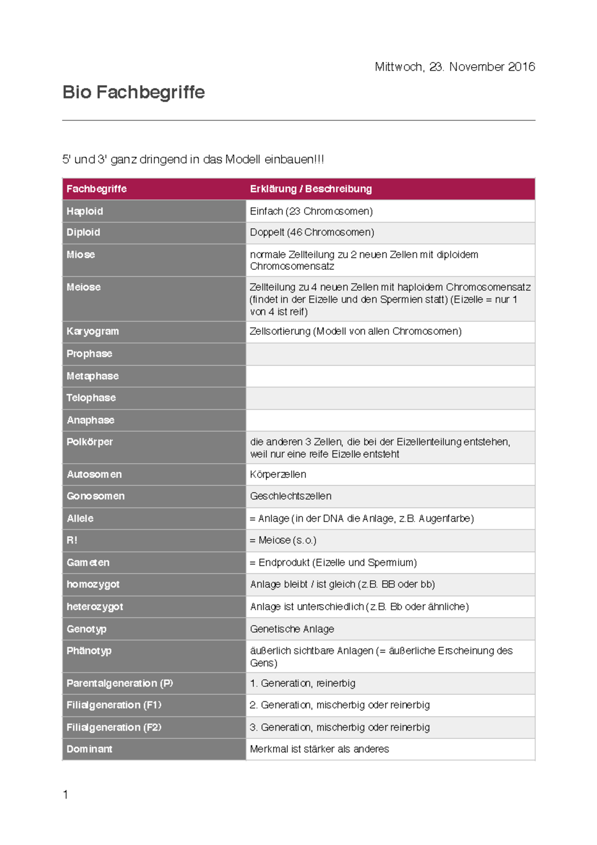 Bio Fachbegriffe Augenfarbe) R! = Meiose (s.) Gameten = Endprodukt