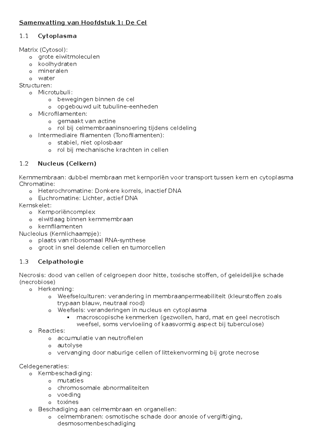 Samenvatting Histologie Samenvatting Van Hoofdstuk De Cel