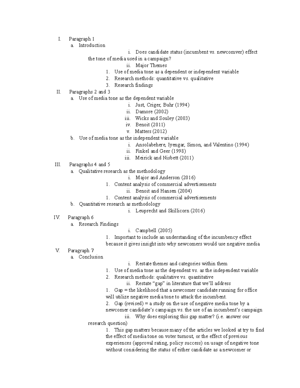 Lit Review Outline - I. Paragraph 1 a. Introduction i. Does candidate ...