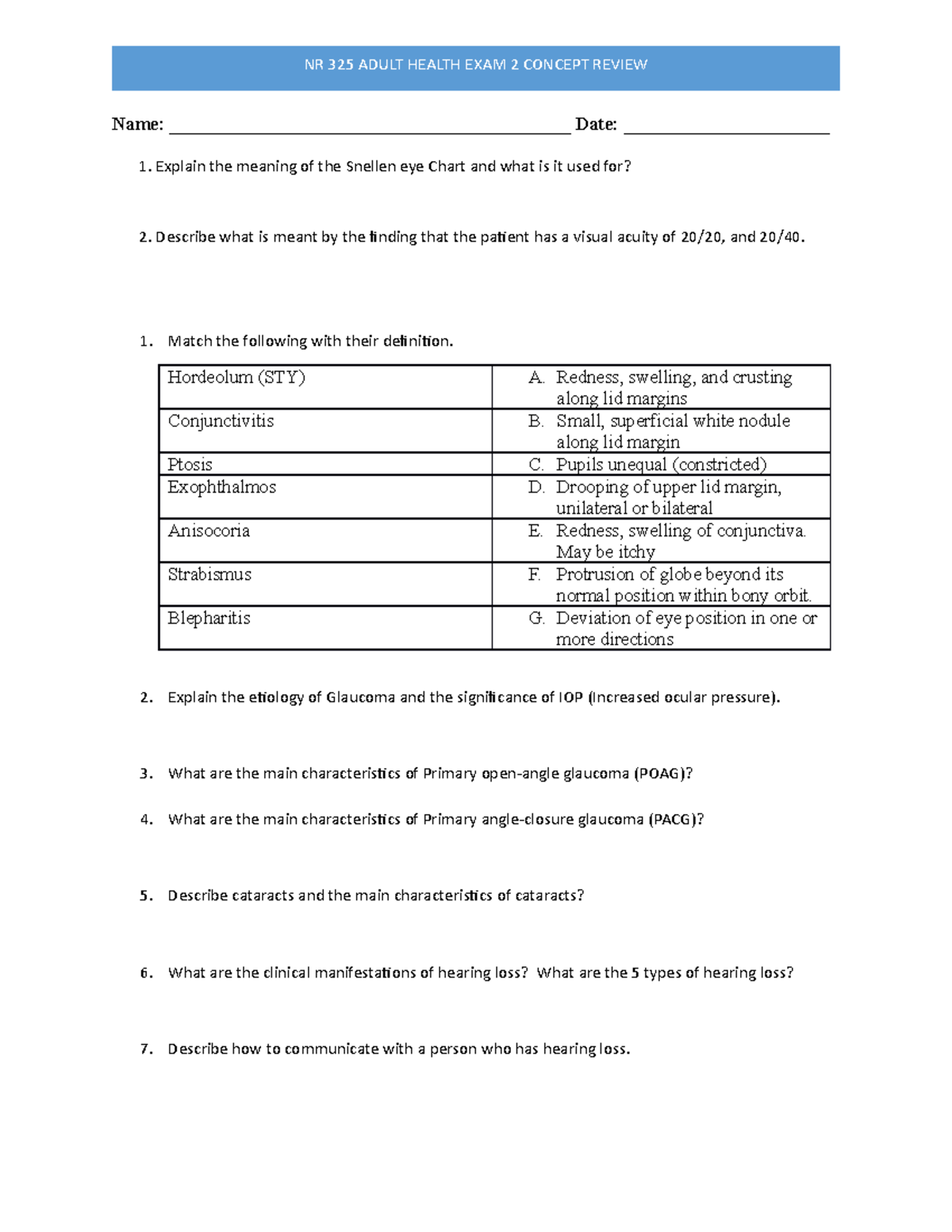 NR 325 Adult Health EXAM 2 Concept Review - Name