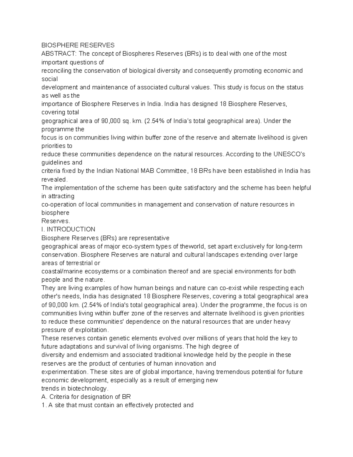 Biosphere Reserves - This study is focus on the status as well as the ...