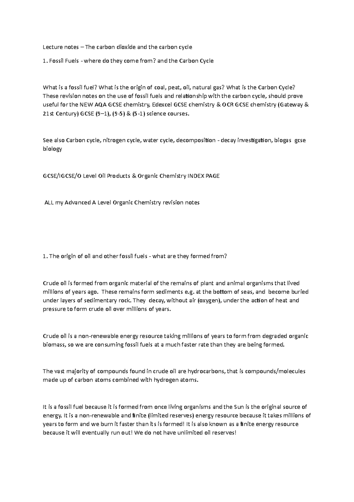 Lecture notes – The carbon dioxide and the carbon cycle - Fossil Fuels ...