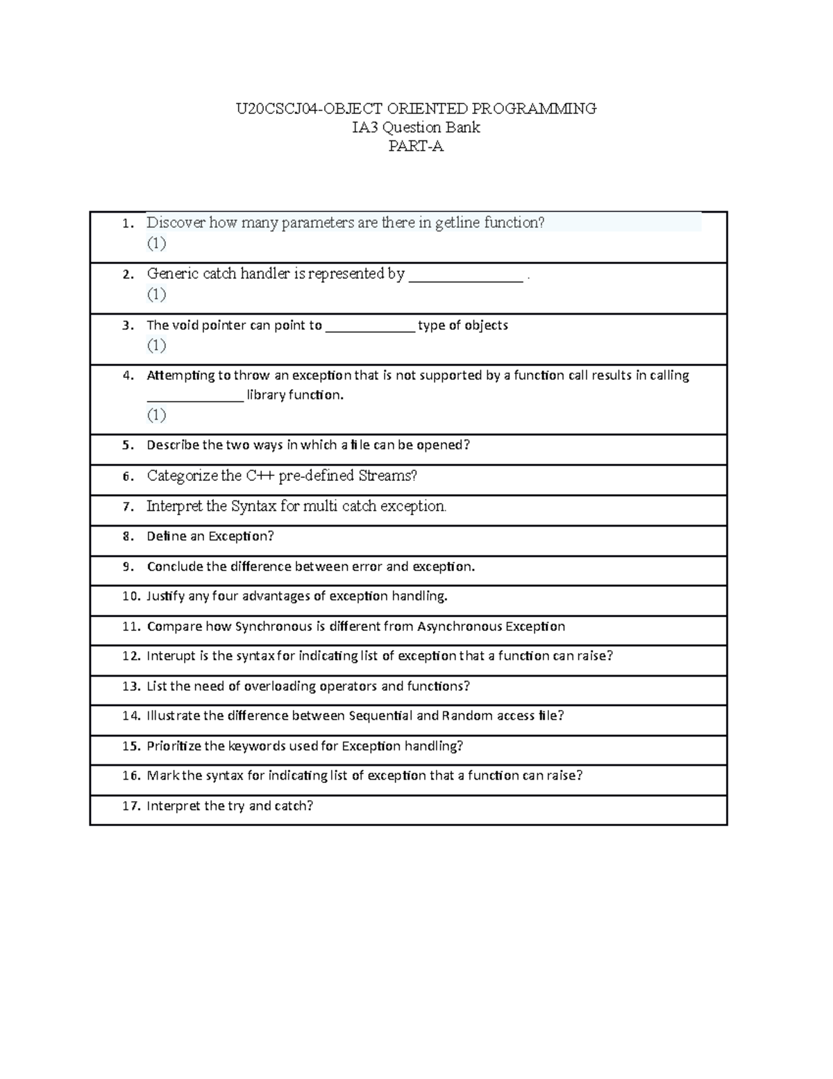 U20CSCJ04 IA3 Question BANK - U20CSCJ04-OBJECT ORIENTED PROGRAMMING IA3 ...