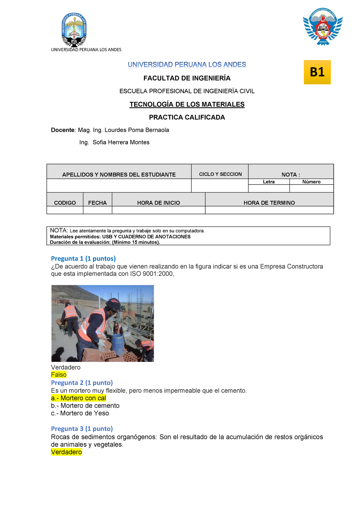 9 Examen Parcial Tecnologia De Materiales B1 - FACULTAD DE INGENIERÍA ...