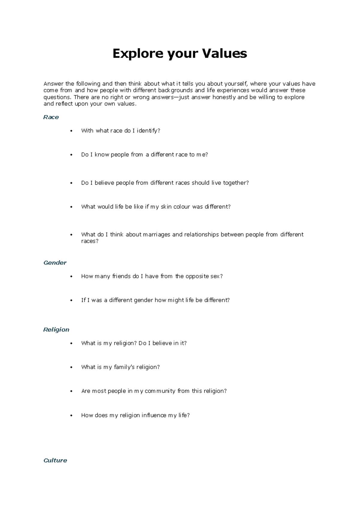 Activity 2 - Explore your values - Explore your Values Answer the ...