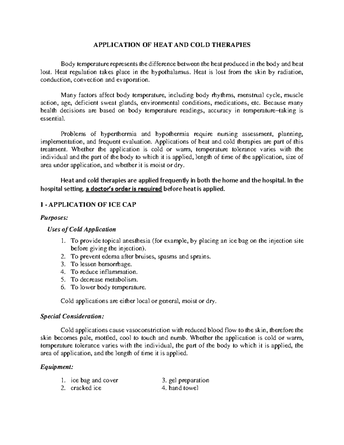 Application OF HEAT AND COLD Therapies Procedure AND Checklist converted APPLICATION OF HEAT