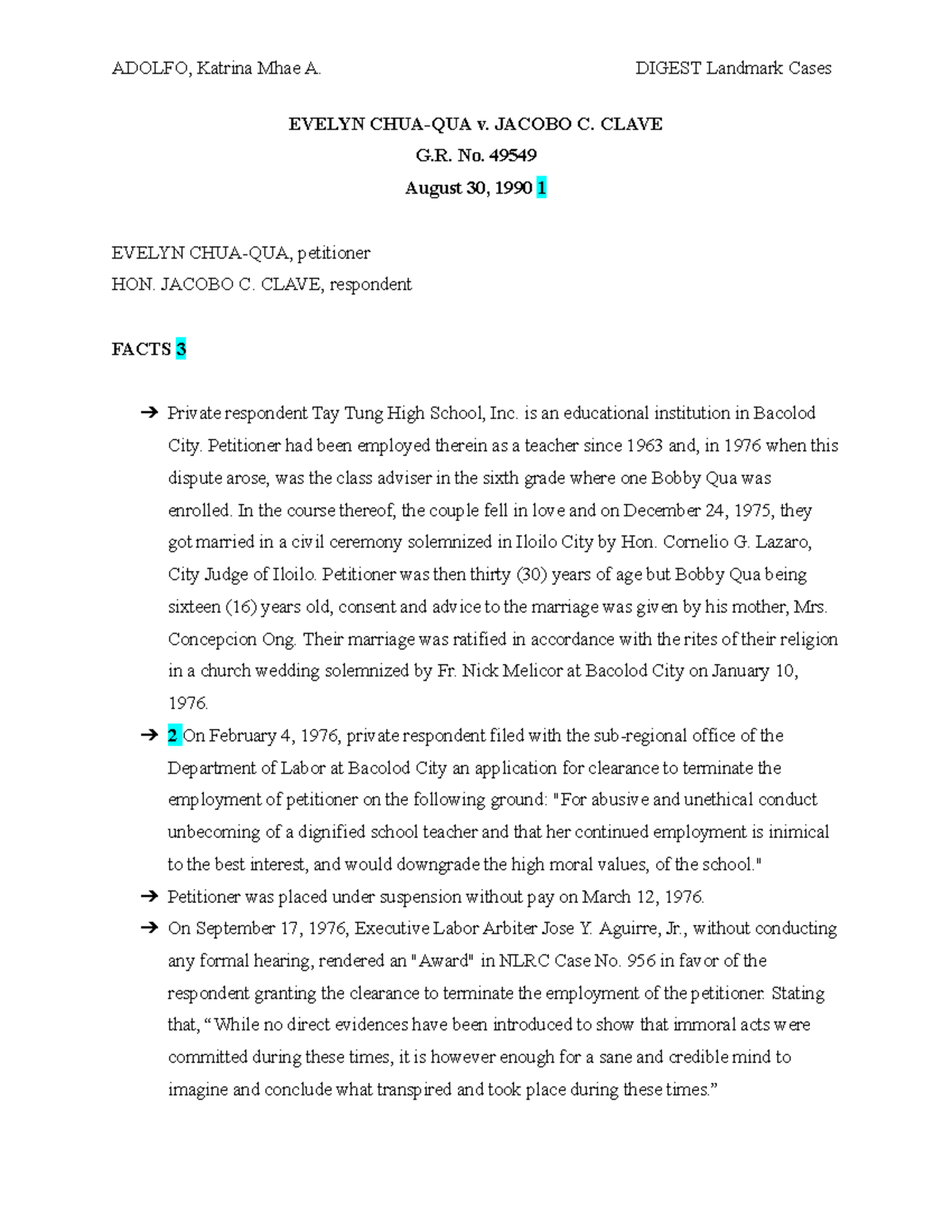 Landmark Digest ADOLFO, Katrina Mhae A. DIGEST Landmark Cases EVELYN