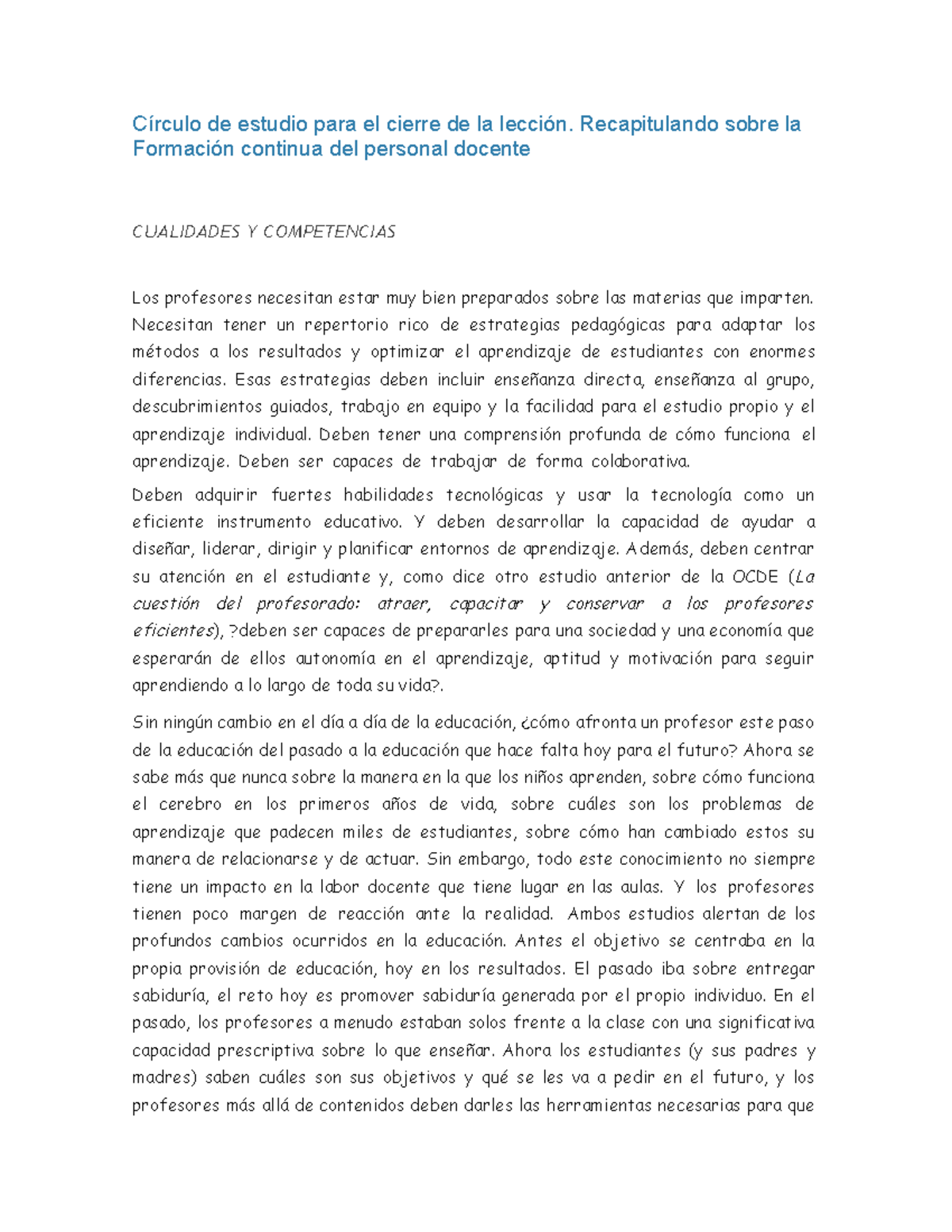 Círculo de estudio para el cierre de la lección. Recapitulando sobre la ...