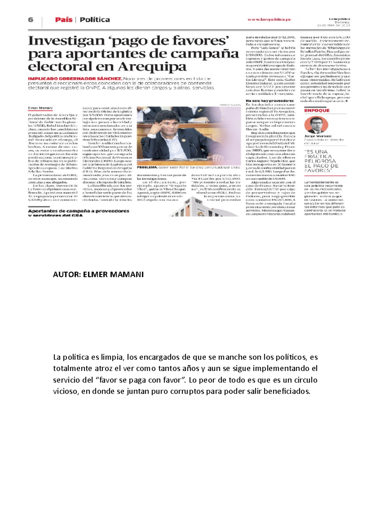 Semana en familia Tareas AUTOR ELMER MAMANI La política es limpia