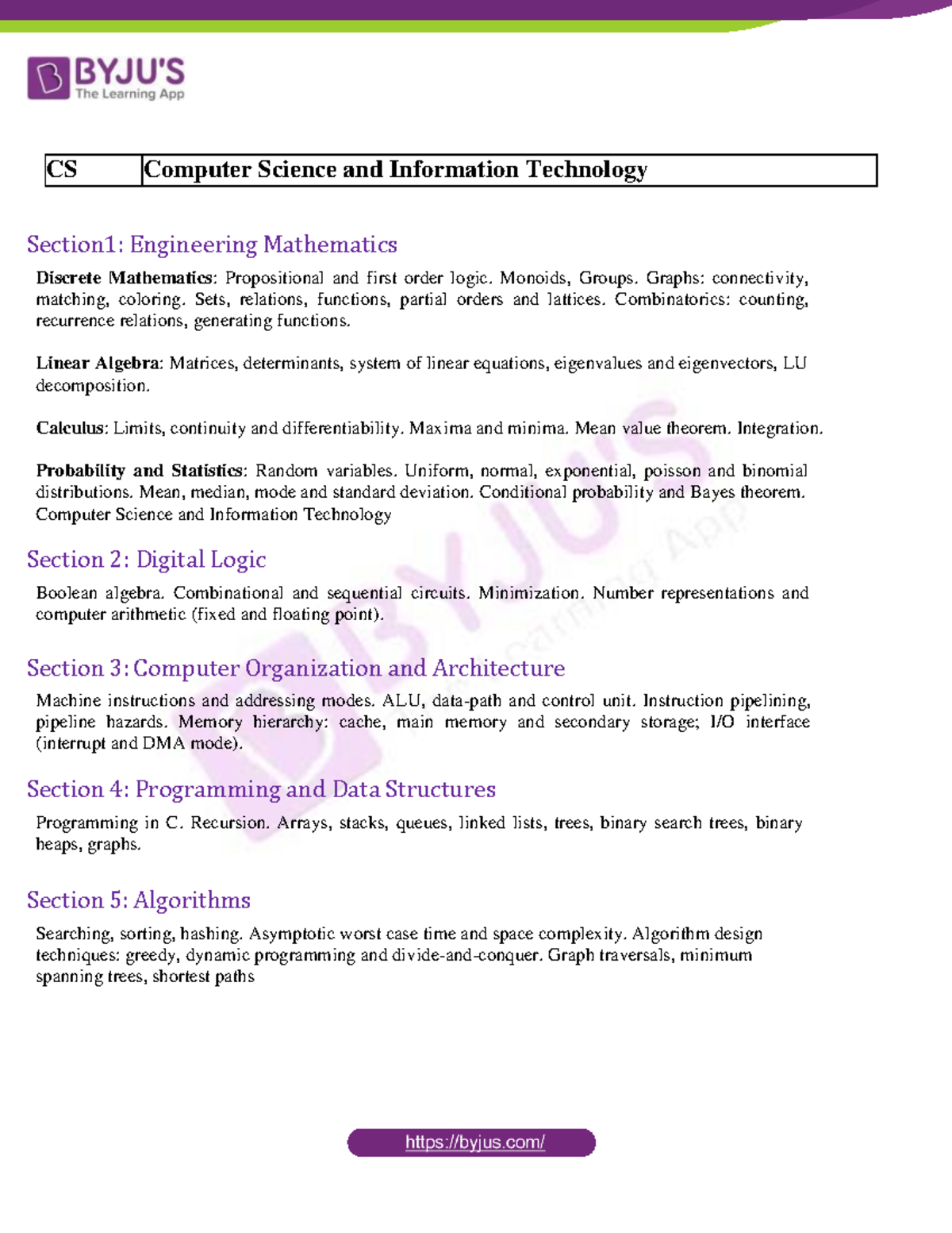 GATE Computer Science and Information Technology Engineering Syllabus ...