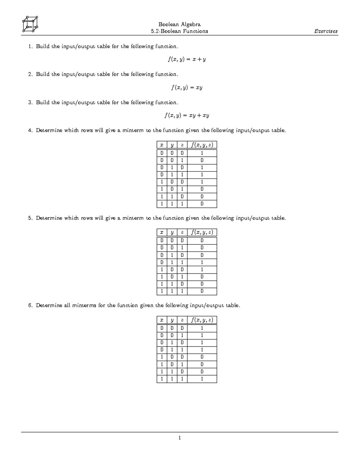 5 - Practice - Boolean Algebra 5-Boolean Functions Exercises Build the ...