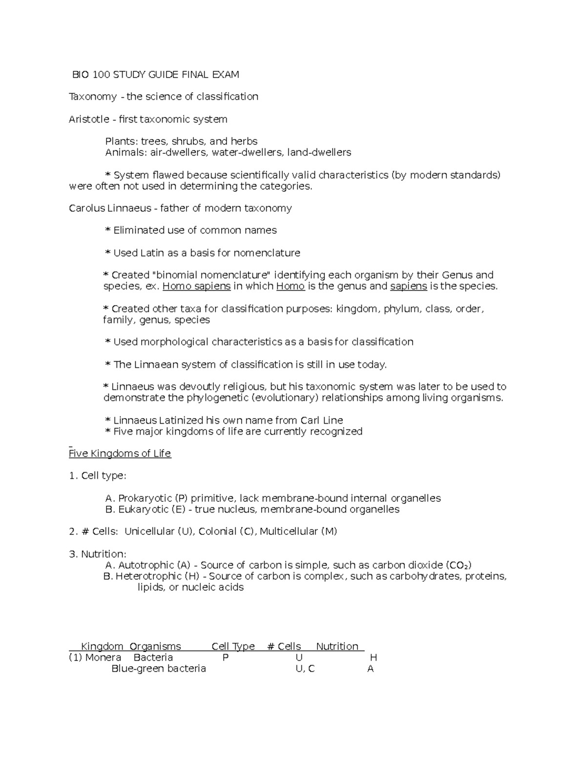 Biology 100 Study Guide - BIO 100 STUDY GUIDE FINAL EXAM Taxonomy - The ...