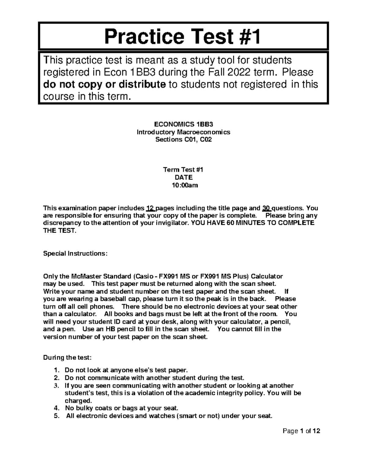 Practice Test #1 - ECONOMICS 1BB Introductory Macroeconomics Sections ...