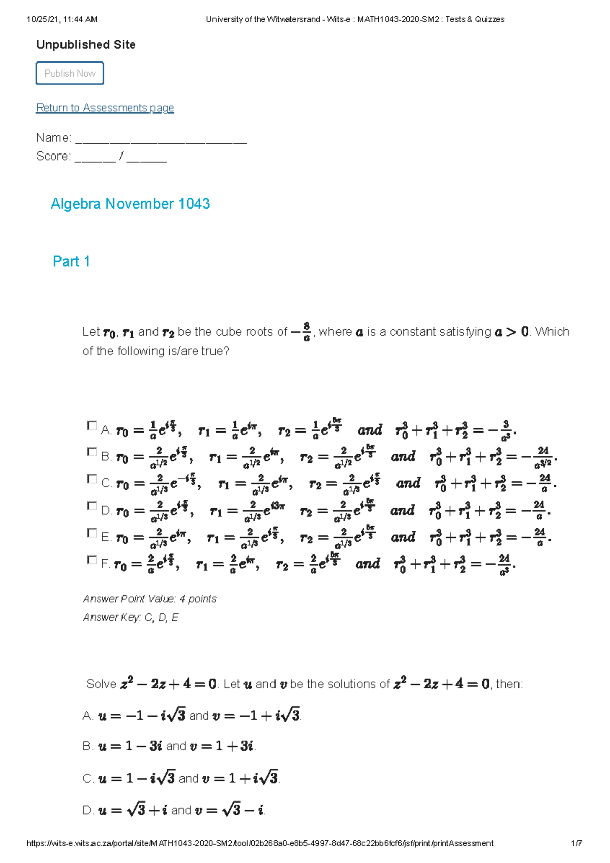 MATH1043 Algebra November 2020 - Unpublished Site Publish Now Return to ...