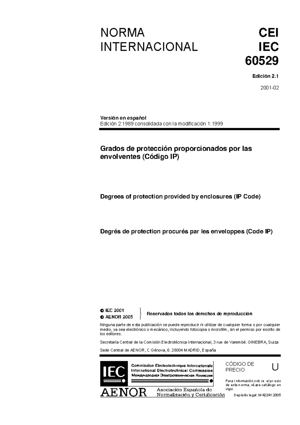 IEC 60529 2001-02 - NORMA CEI INTERNACIONAL IEC 60529 Edición 2. 2001 ...