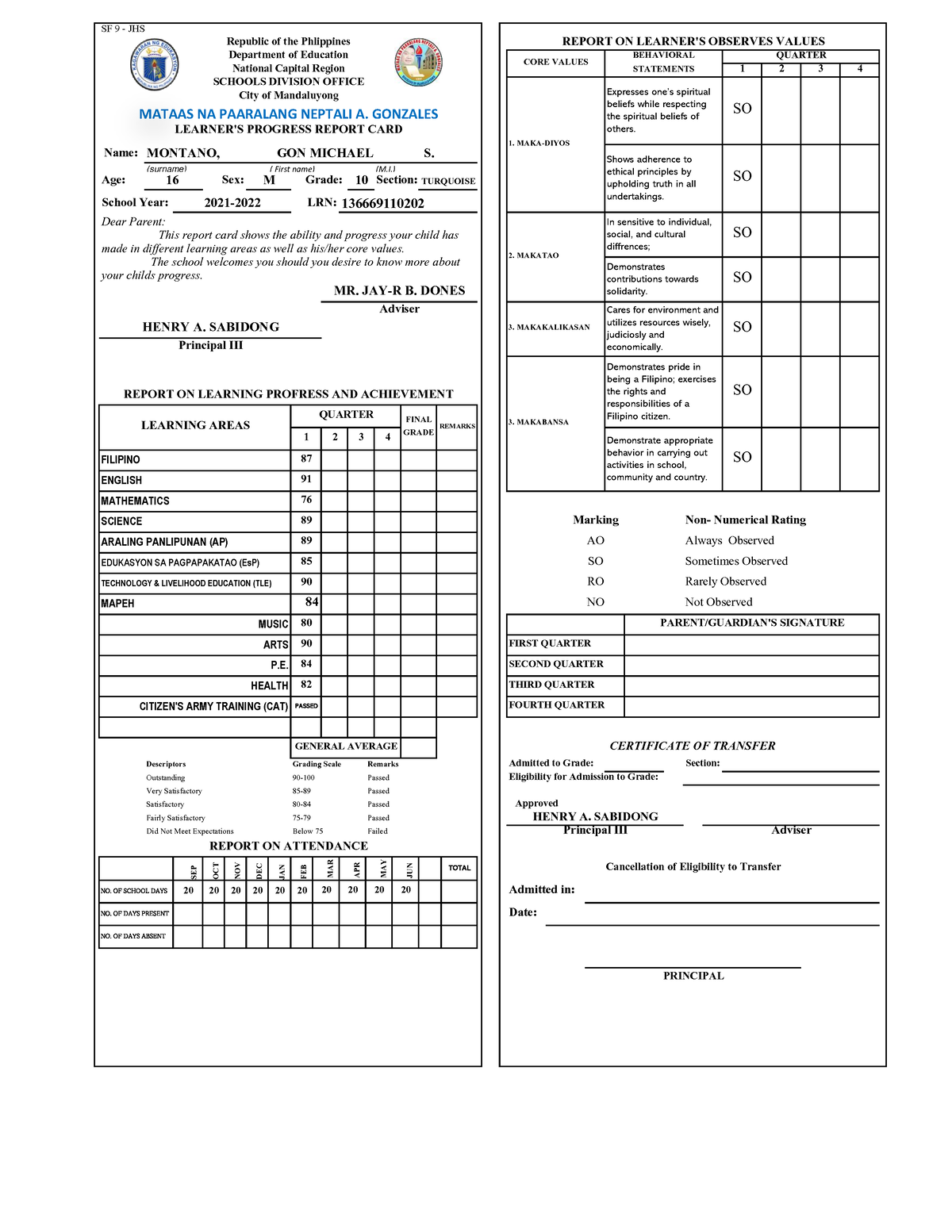 Montano - Enjoy and make a knowledge - SF 9 - JHS Descriptors Grading ...