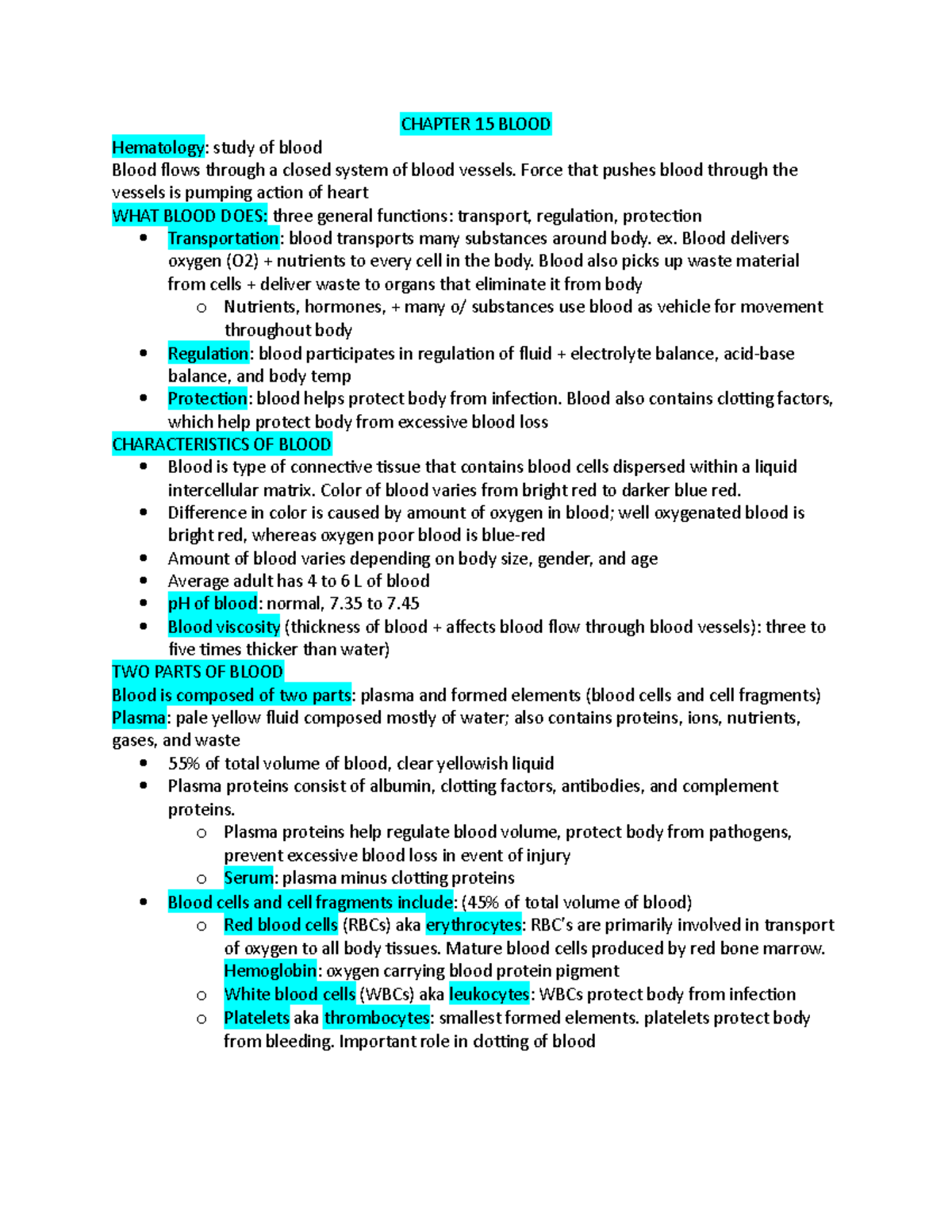 Chapter 15 Blood term 1 ch 15 CHAPTER 15 BLOOD Hematology study of