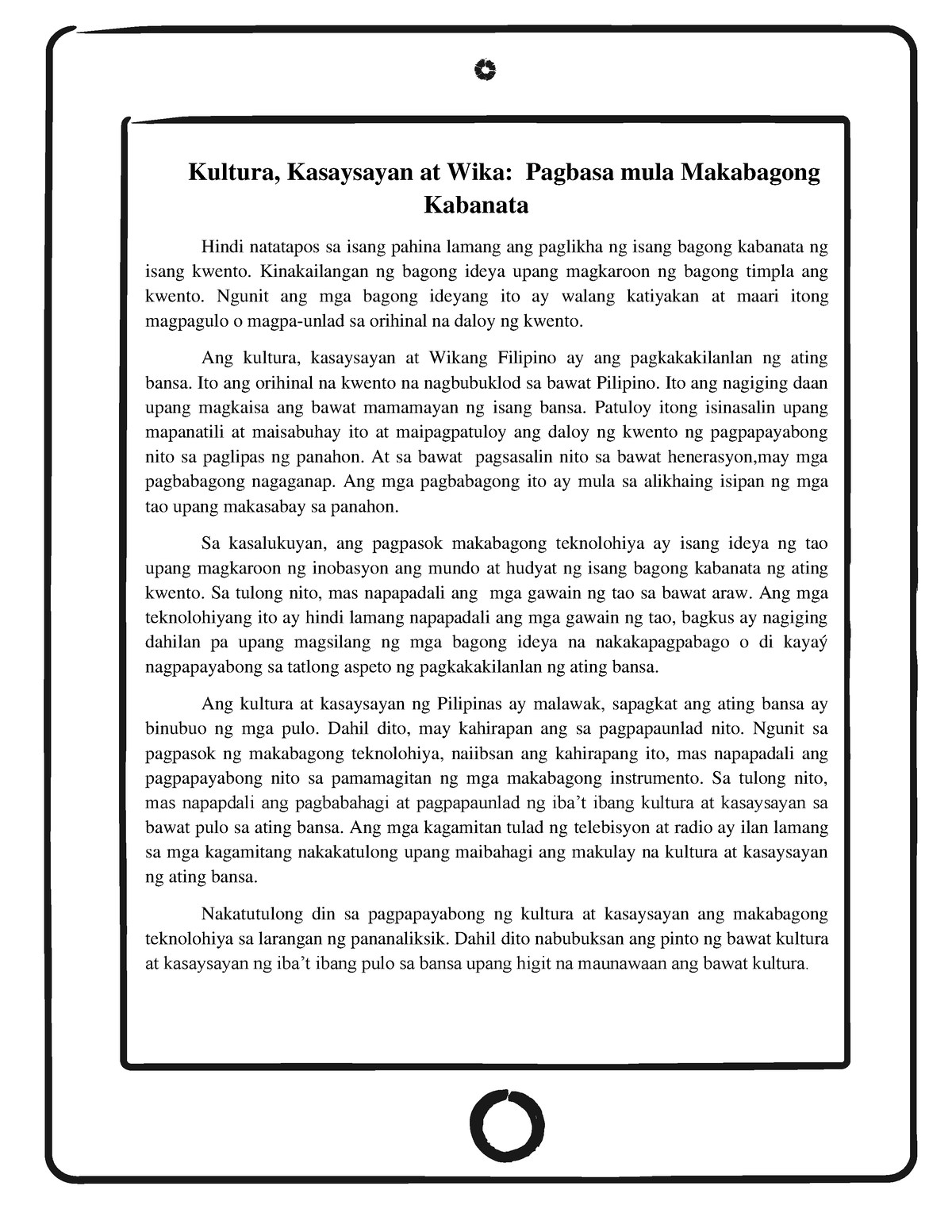 Kultura, Kasaysayan At Wika Pagbasa Mula Makabagong Kabanata - Kultura ...