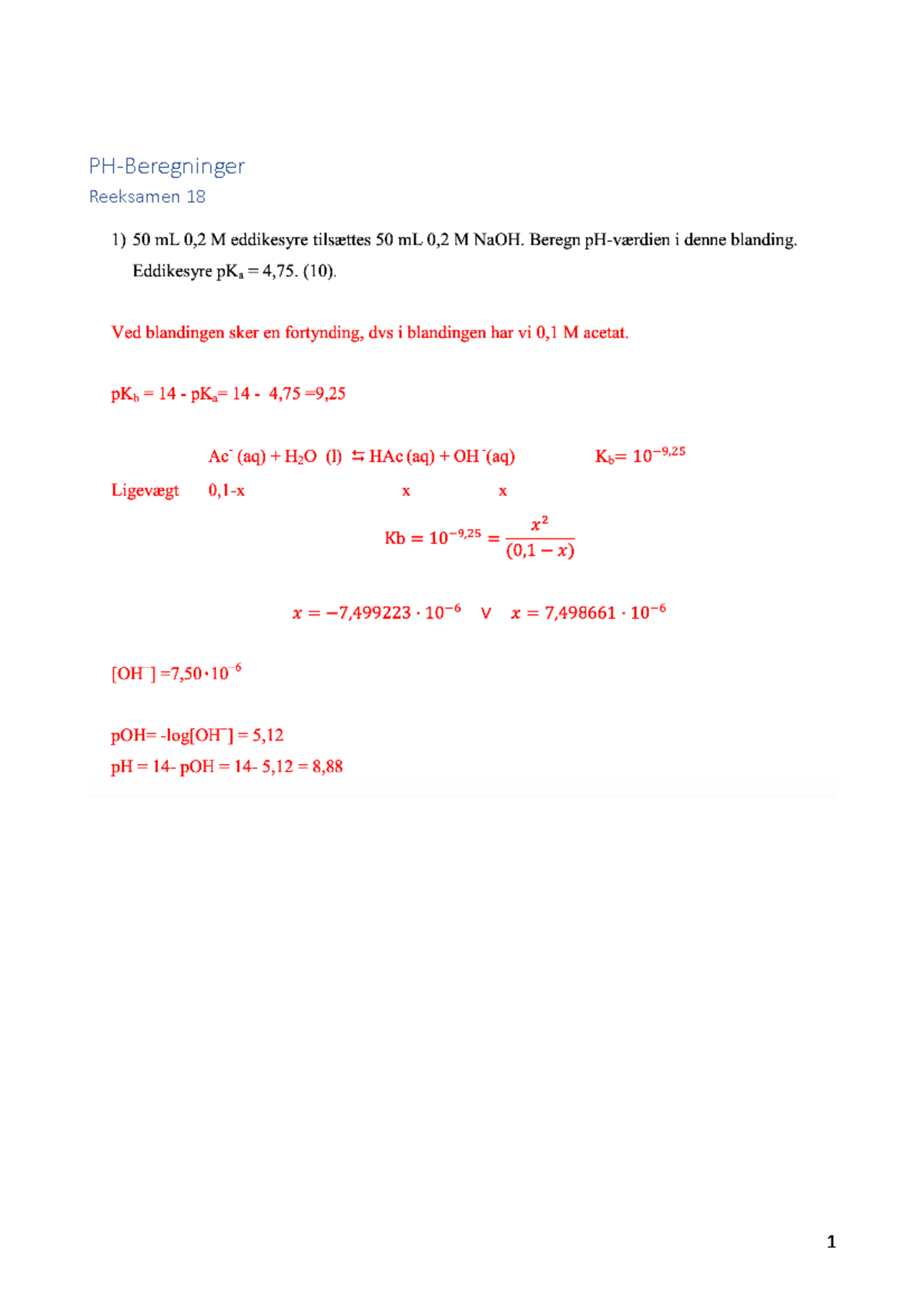 PH 1 - PH-Beregninger Reeksamen 18 (b) Beregn PH I Den Så Ledes ...