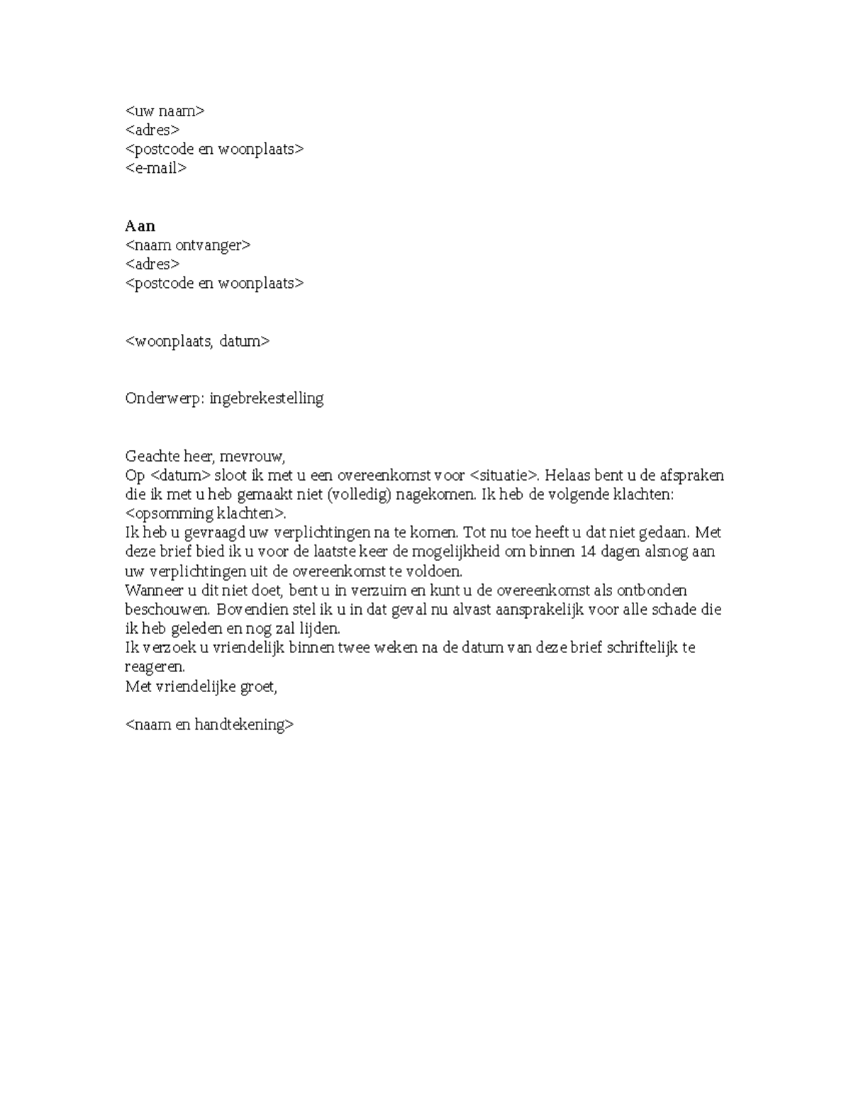 Voorbeeldbrief Ingebrekestelling - - Studeersnel