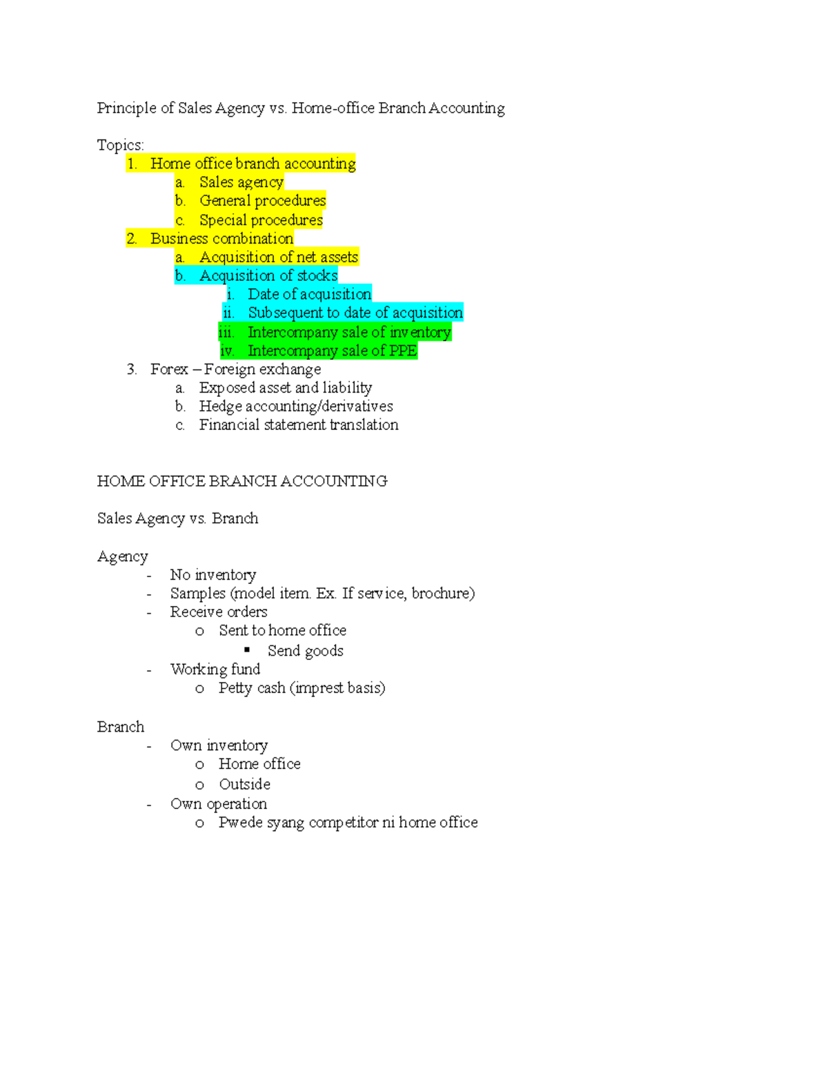 Prelim Topic Advacc 1  Lectures - Principle Of Sales Agency Vs. Home 