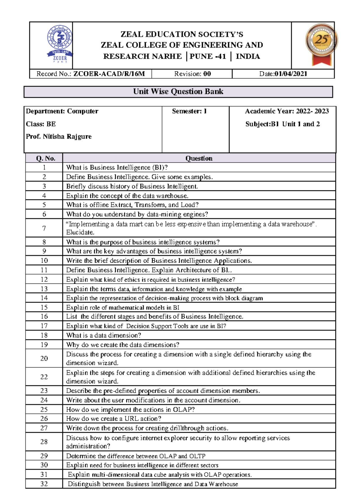 BI UNIT 1 2 QB - ZEAL EDUCATION SOCIETY’S ZEAL COLLEGE OF ENGINEERING ...