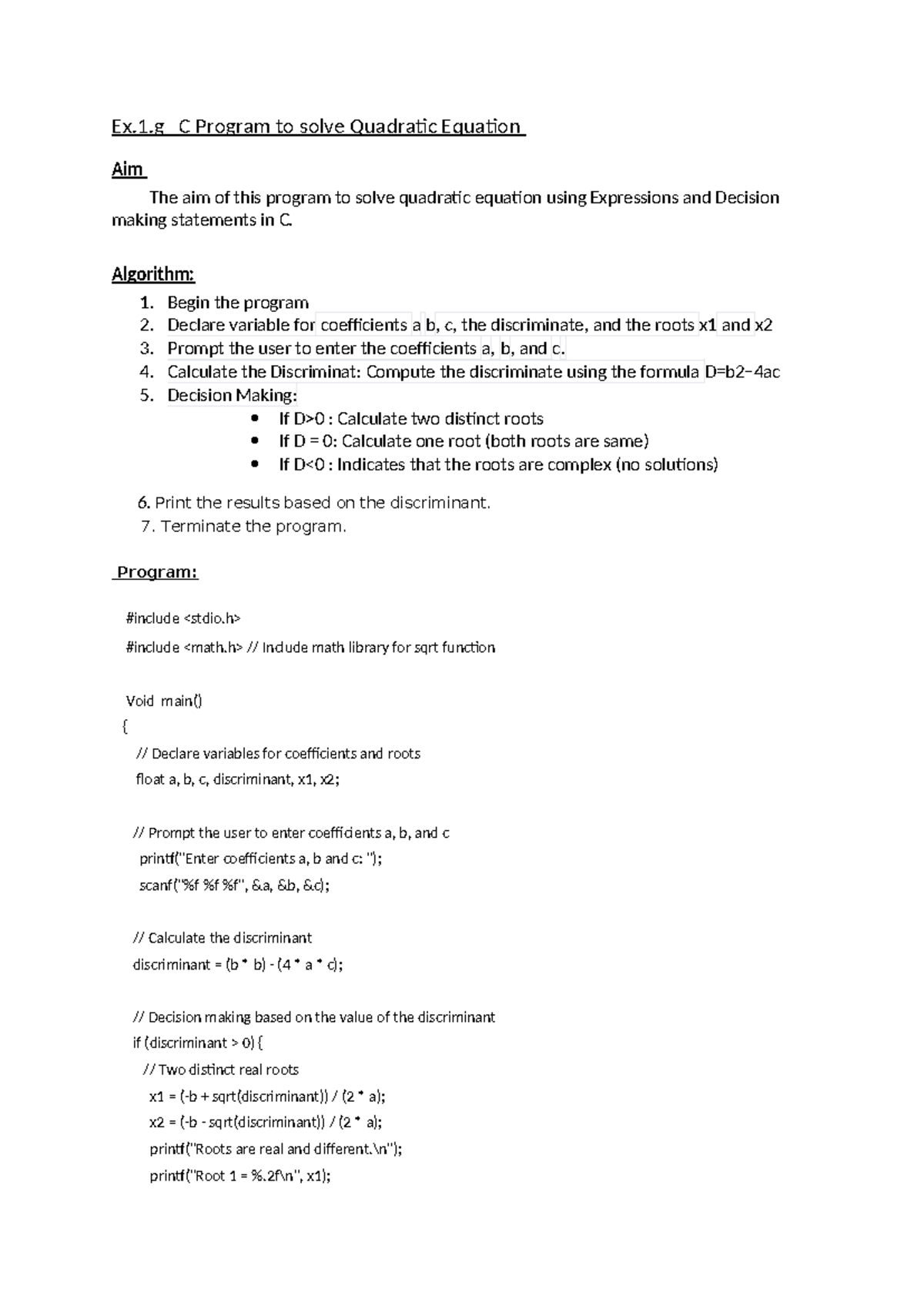 Ex 1-Solving C program for Quadratic Equation - Ex.1 C Program to solve ...