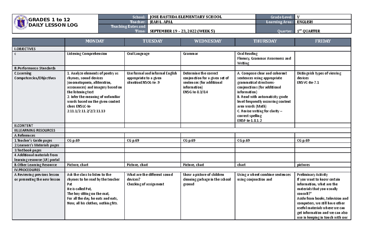 DLL English 5 Q1 W5 - GRADES 1 to 12 DAILY LESSON LOG School: JOSE ...