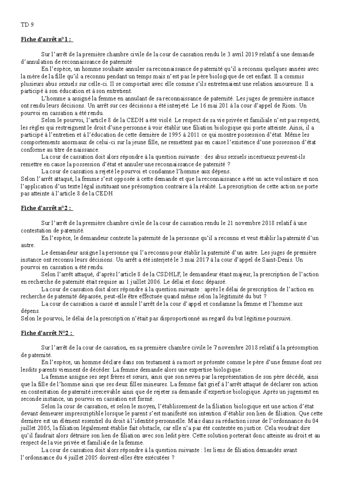 TD 9 établissement de la filiation - TD 9 Fiche d’arrêt n°1 : Sur l ...