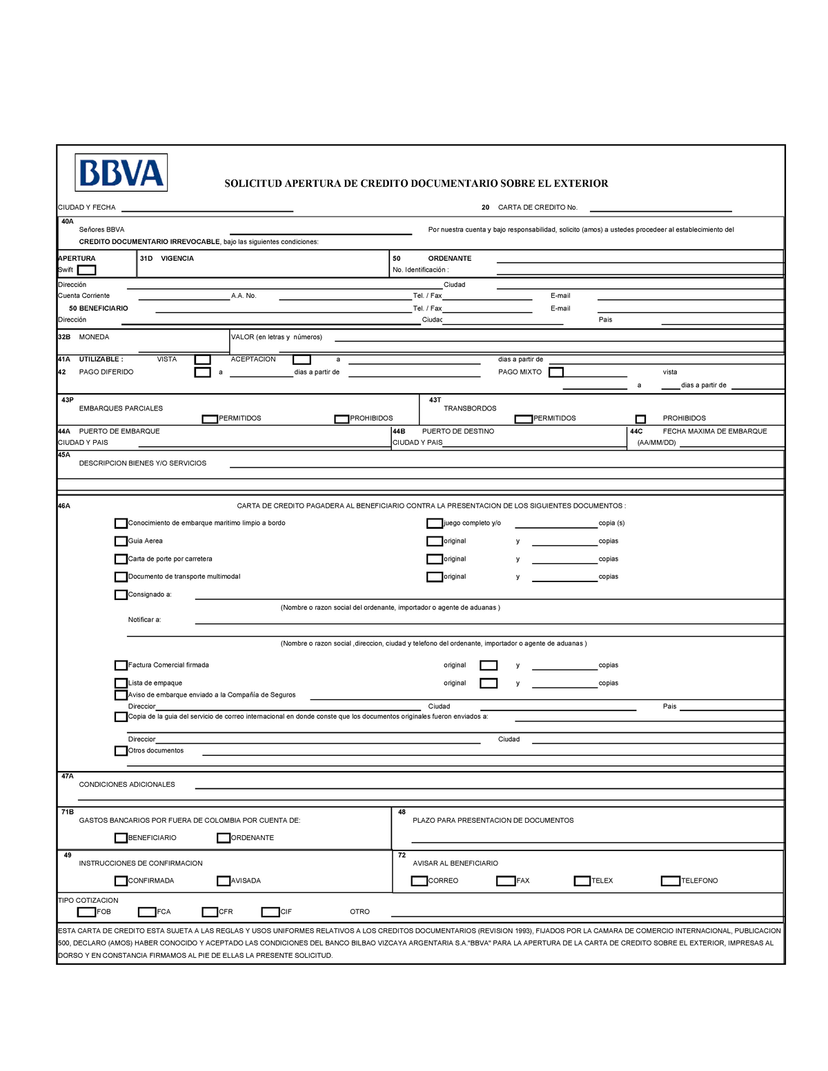 Modelo-LC BBVA - SOLICITUD APERTURA DE CREDITO DOCUMENTARIO SOBRE EL  EXTERIOR CIUDAD Y FECHA 20 - Studocu