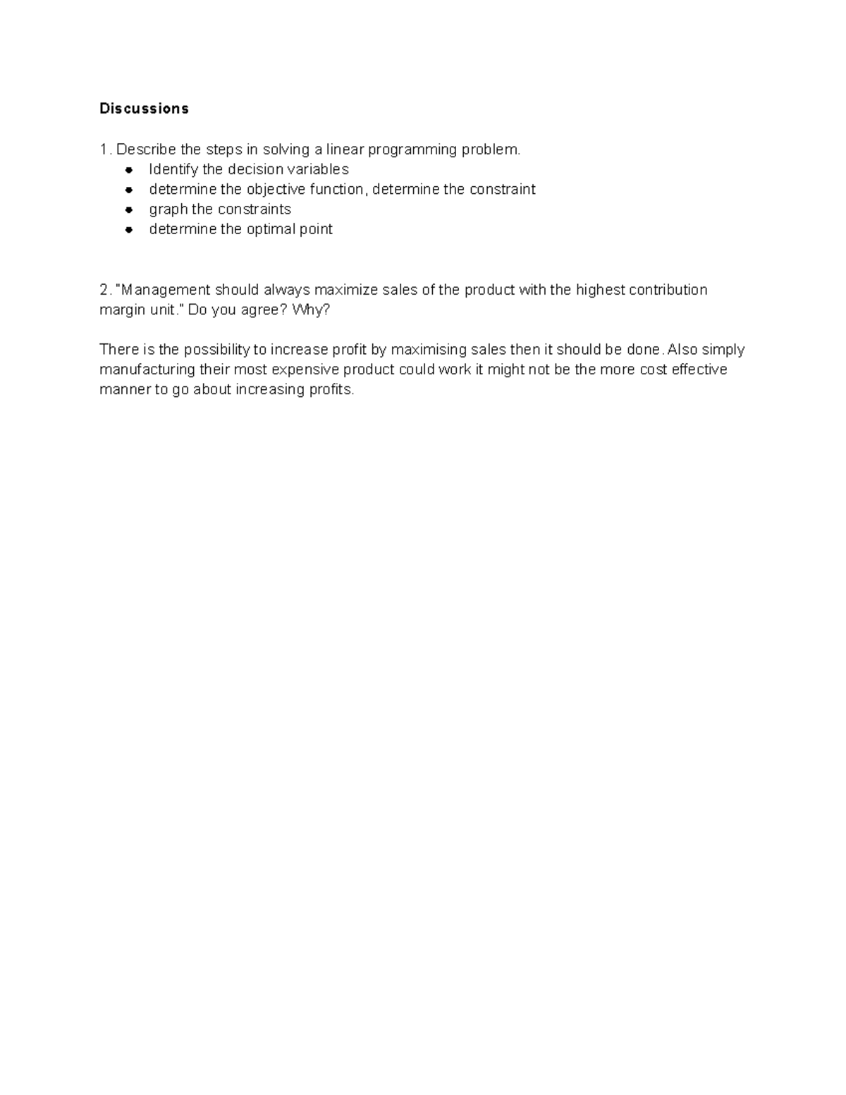Week 10 HW - Discussions Describe the steps in solving a linear ...