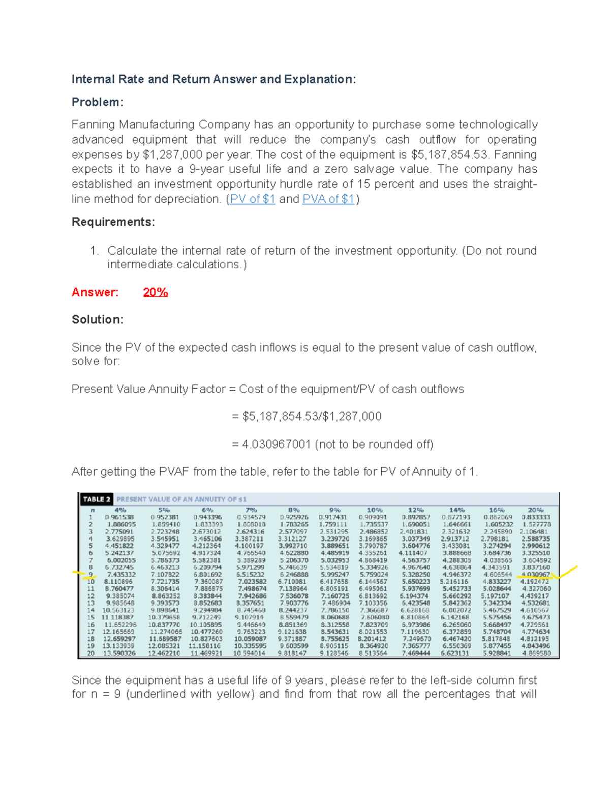 IRR Answer and Explanation - Internal Rate and Return Answer and ...