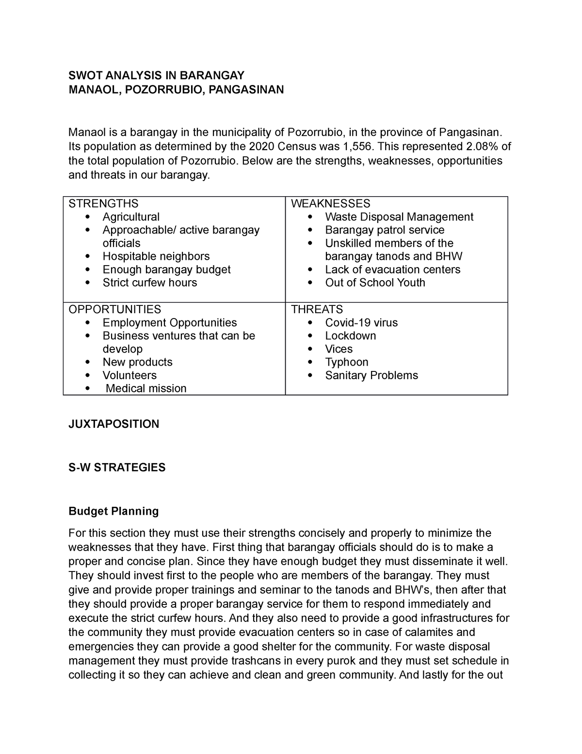 SWOT Analysis In Barangay SWOT ANALYSIS IN BARANGAY MANAOL 