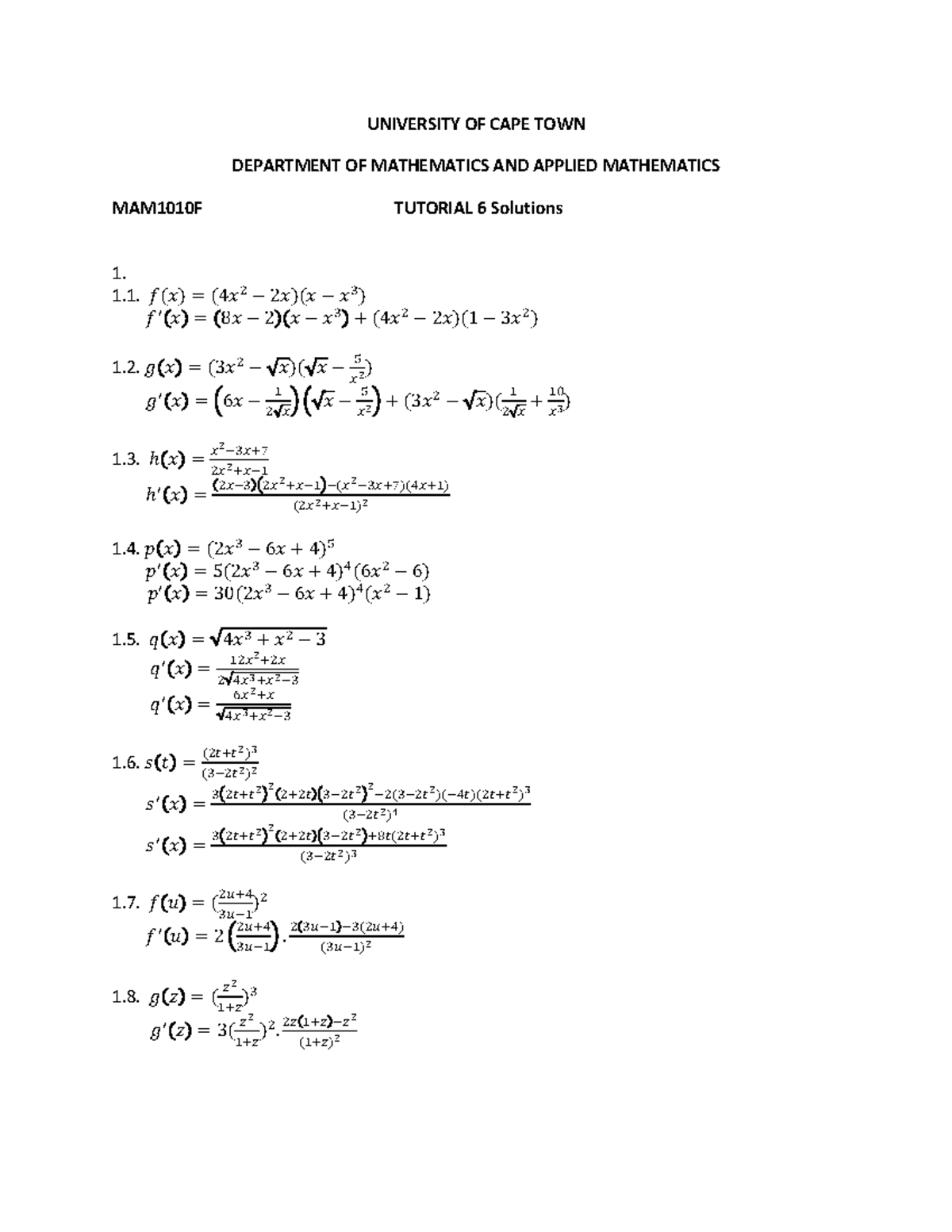 Tutorial 6 Solutions - UNIVERSITY OF CAPE TOWN DEPARTMENT OF ...